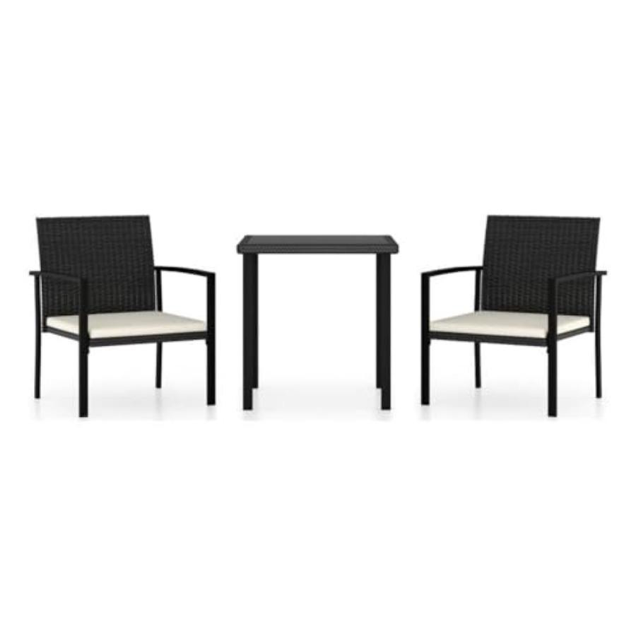 3-Piece Patio Dining Set, Black Table and Chairs with Cream Cushions, Poly Rattan Finish, Compact Outdoor Garden Furniture for
