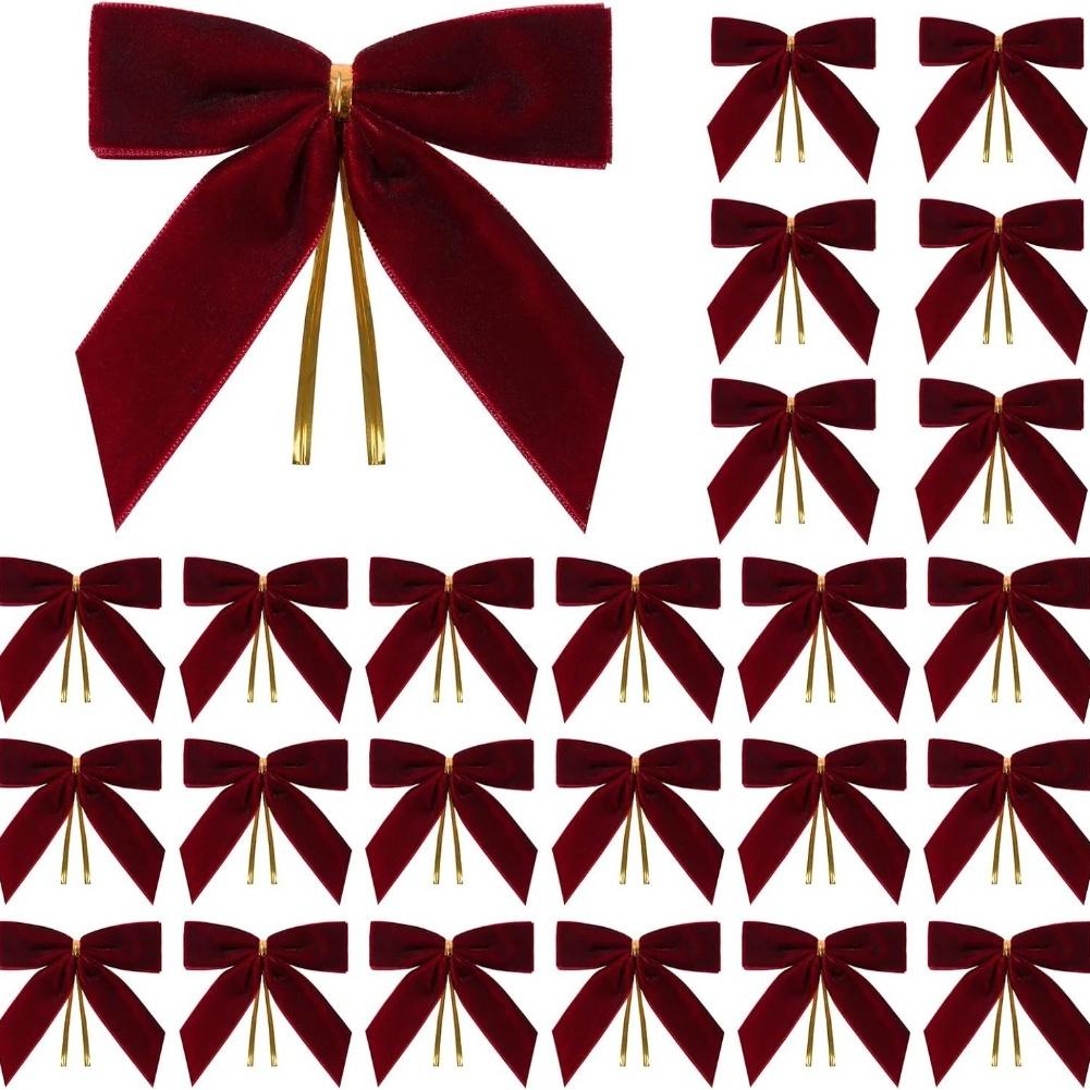 

24 Velvet Christmas Bows with Wire for Tree Decorations Wreaths Holiday Wrapping Craft Projects and Party Accents