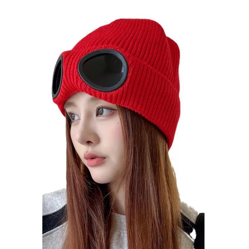 Double layer knitted wool hat, fashionable pilot goggles, knitted hat - warm, thick, handmade autumn and winter hat