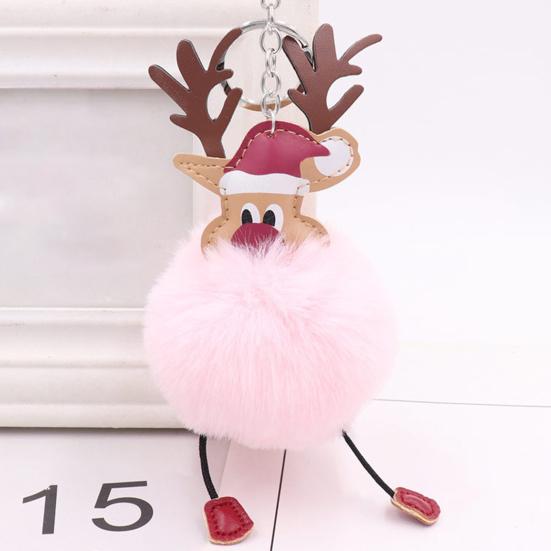 Christmas Deer Keychain Cute Reindeer Pom Pom Keyring Faux Fur Fluffy Plush Ball Charm for Handbag Backpack Purse Accessory