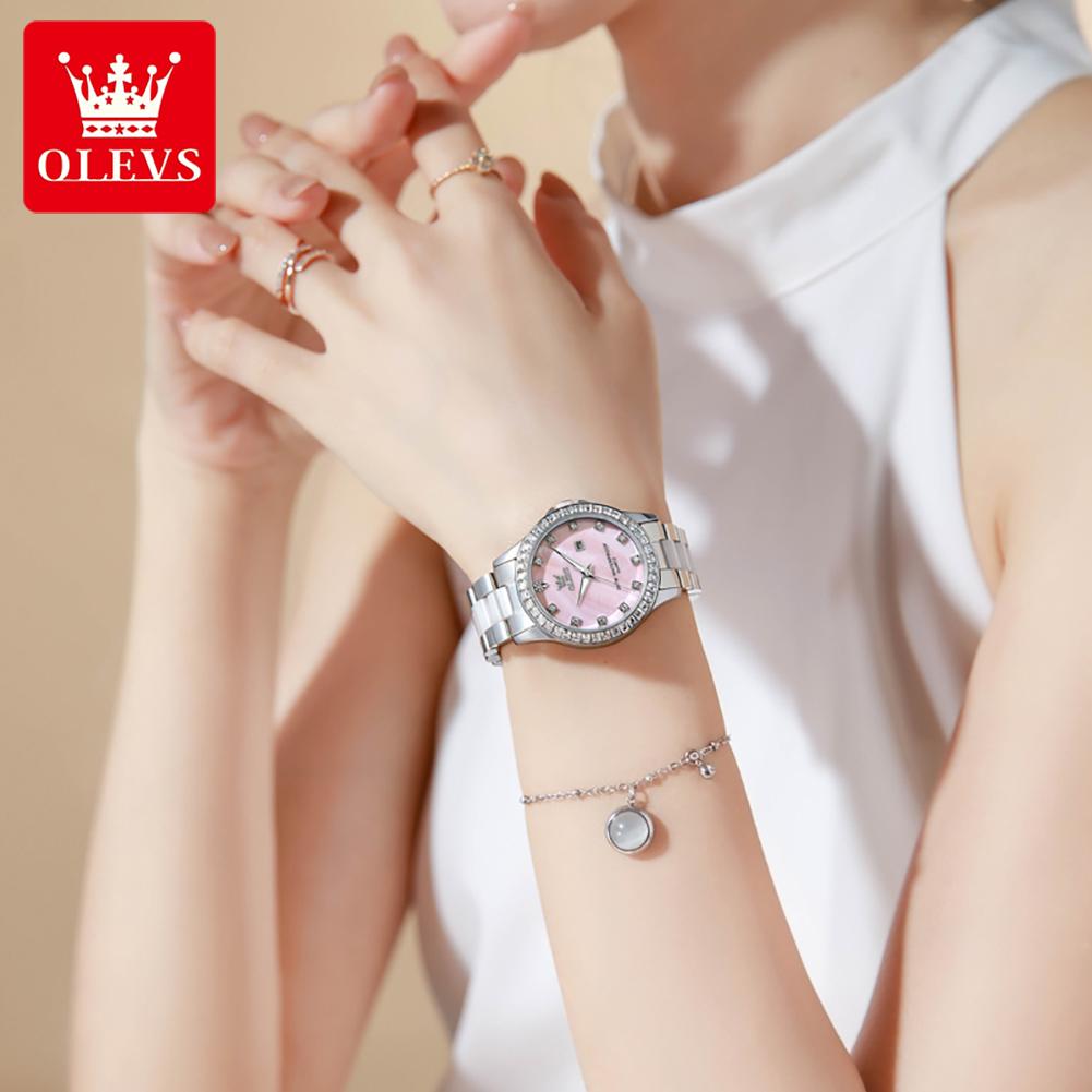 OLEVS Womens Watch Luxury Elegant Fashion Rhinestone Bezel Ceramic Strap Wristwatch Waterproof Date Watches