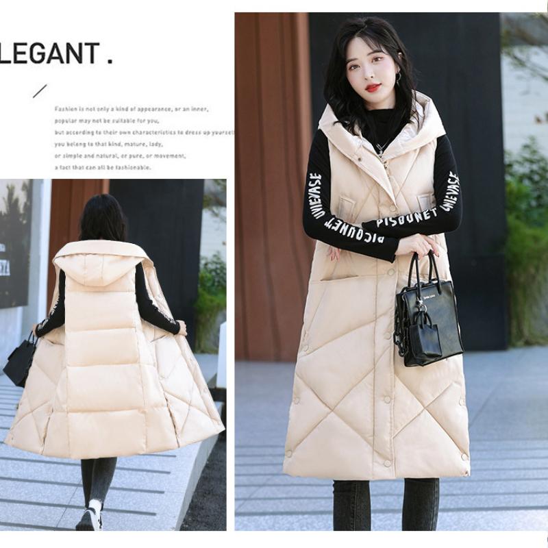 Autumn and Winter Women's Solid Color Hooded Loose Mid-length Windproof Warm Vest Sleeveless Women's Jacket
