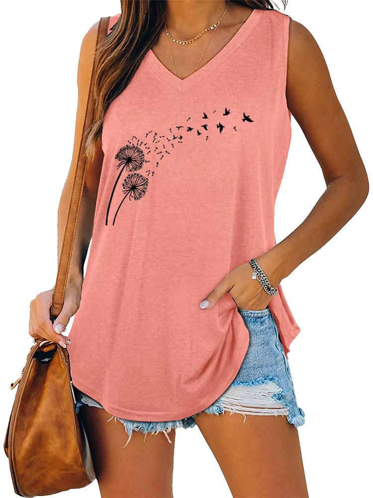 Women Fashion V Neck Printed Sleeveless Top Summer Casual Pullover Loose Tank Top
