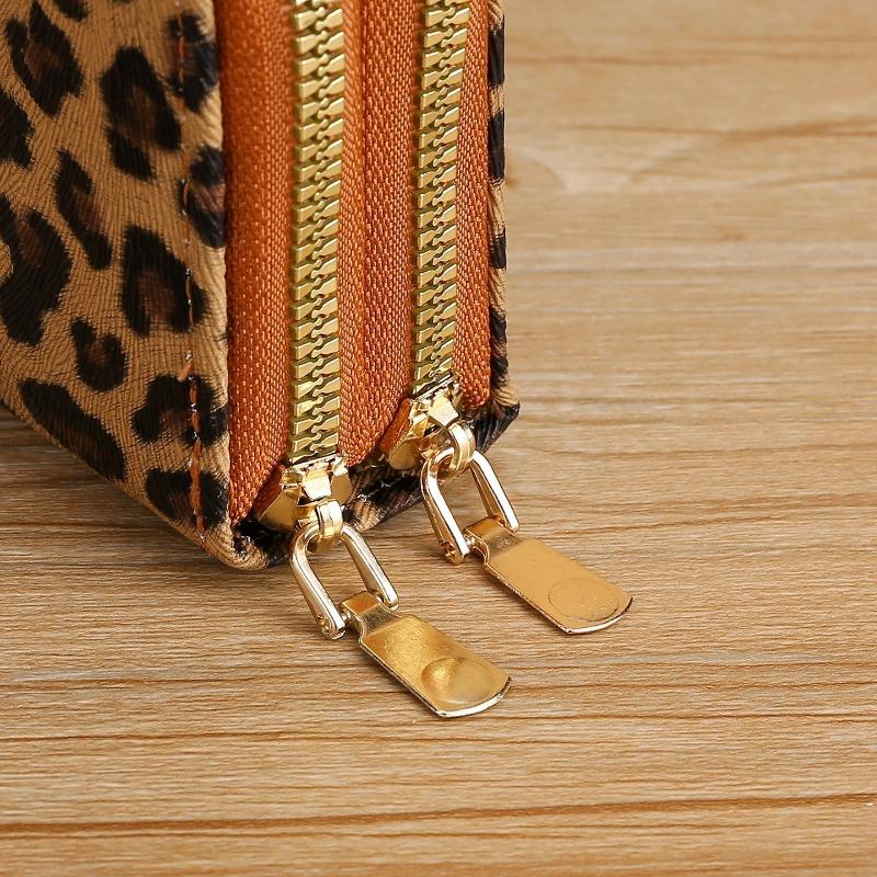 Portafoglio da donna a soffietto con doppia cerniera e stampa leopardata in pelle PU Portacarte di credito Portamonete di grande capacità Organizzatore di carte