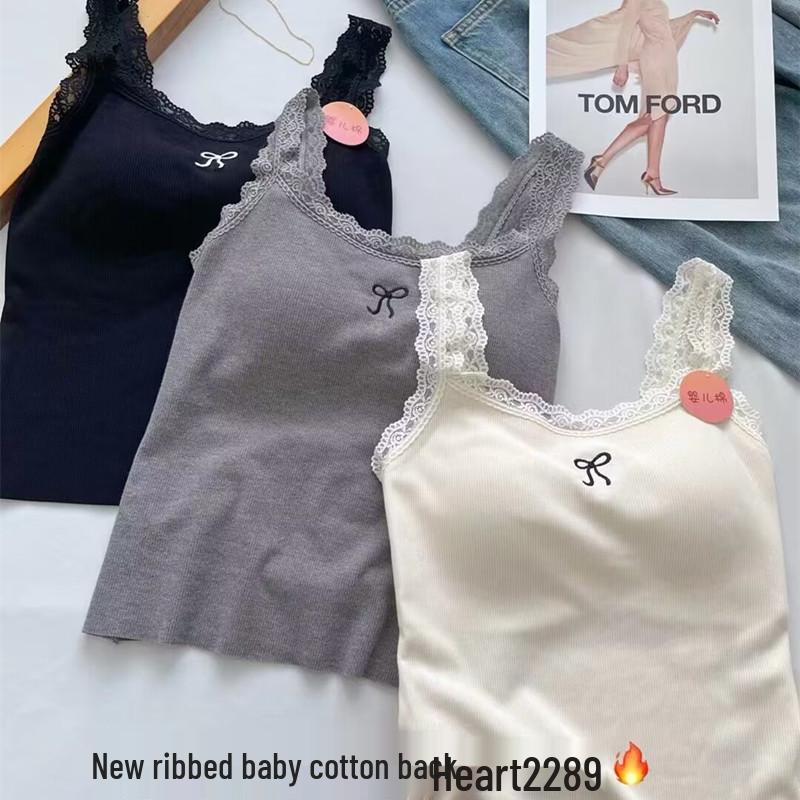 

Новая пикантная майка на кружевной отделке с нагрудными вкладышами и бантом - Утягивающая базовая майка для женщин One size (40-65 kg) чёрный