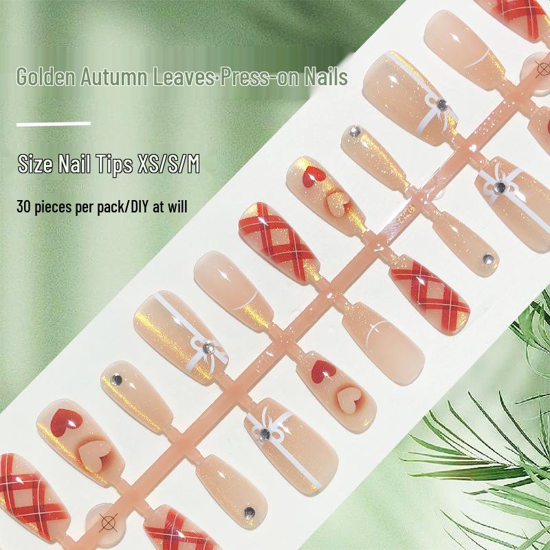 

Golden Autumn Dark Red Plaid Cat Eye Nails with Rhinestones