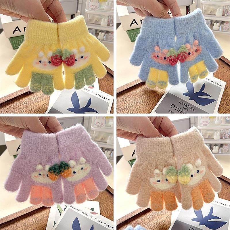 1Pair Cute Cartoon Kids Plush Knitted Gloves Winter Outdoor Warm Thickened Windproof Gloves For 1-5 Years Old Full Finger Gloves