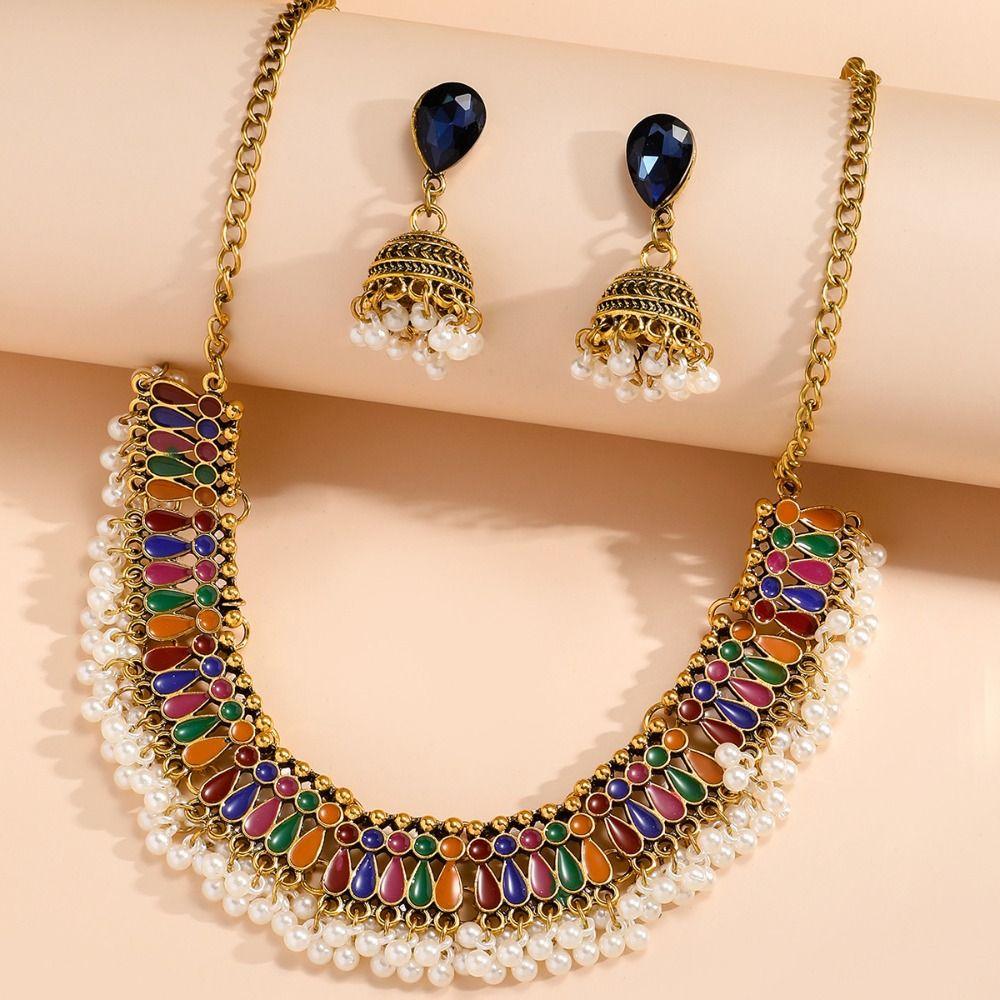 Ethnic Style Oil Drop Necklace And Earring Fashionable Clavicle Chain Vintage Jewelry Set  Birthday