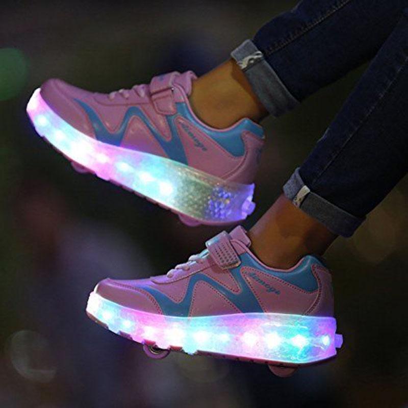Vibrant Kids Double Wheels Light Up Roller Skates Shoes In Sporty Sneaker Style