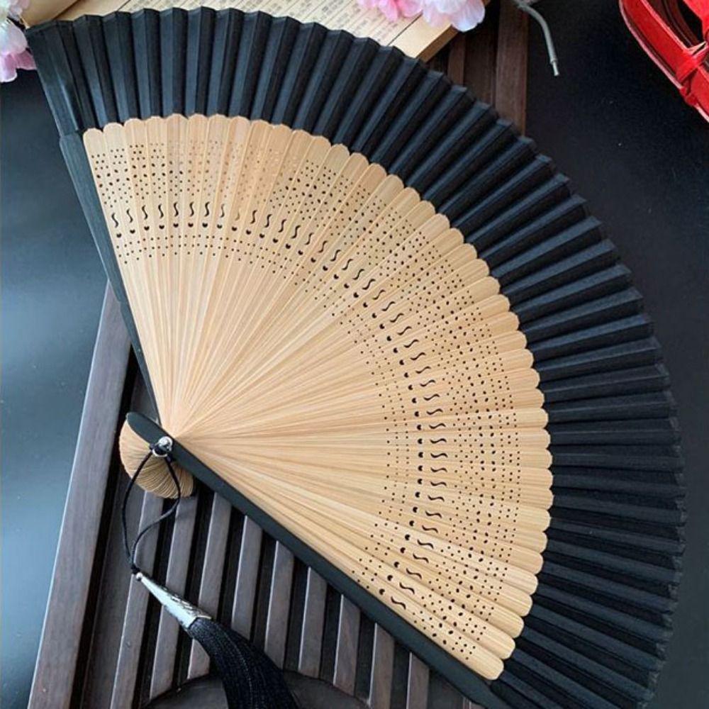 Antique Silk Fan Carved Handle Bamboo Folding Fan Handhold Vintage Chinese Fan with Tassel Dance Fan Ladies