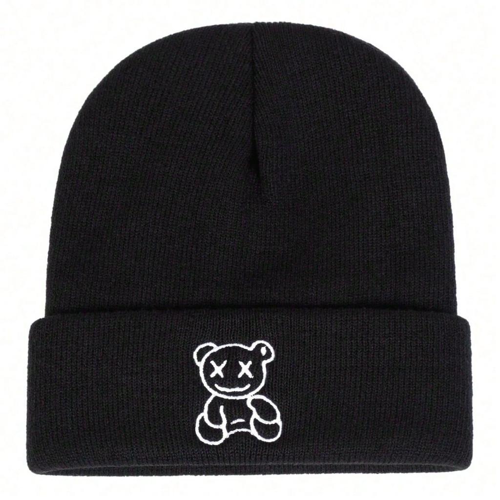 Fashionably Unisex Cute Little Bear Cartoon Embroidery Knitted Hat Men Leisure Travel Winter Hats Beanies Cap Hip Hop Caps