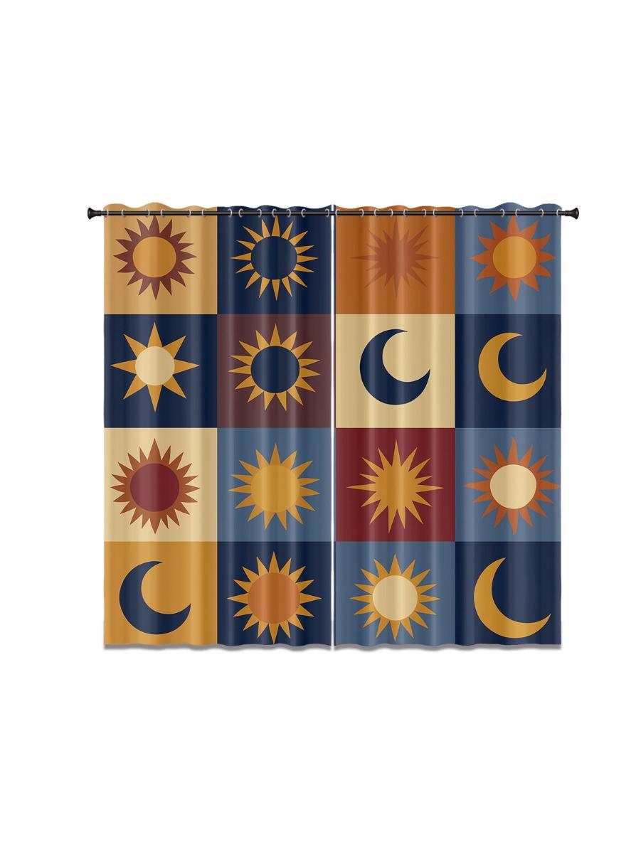 

2pc Splicing Sun Moon Grid Print Blackout Curtain Multiple Size Living Room Insulation Decoration Easy Install Machine Washable 100*130 Rod Pocket 1pcs