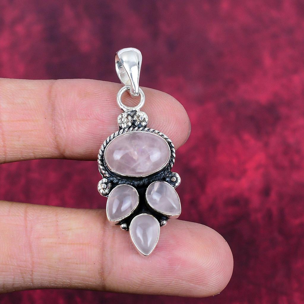 Jóias de quartzo rosa, pingente de prata esterlina sólida 925, joias artesanais com pedras preciosas, presentes para esposa, pingente novo