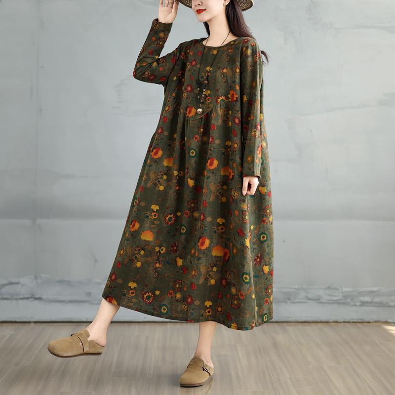 Dimanaf 2025 Women Plus Size Spring Long Dress Loose Basic Printing Vintage Casual Floral Oversize Long Sleeve Maxi