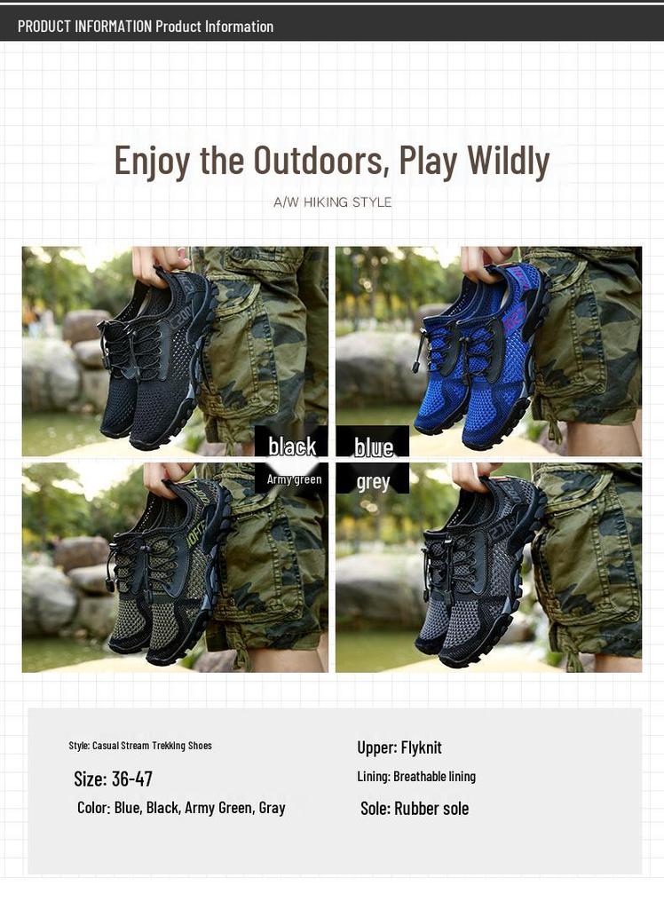 Men's Breathable Flyknit Hiking Shoes - Non-slip, Wear-resistant, Quick-drying, Mid-top Canyoning and Trekking Shoes