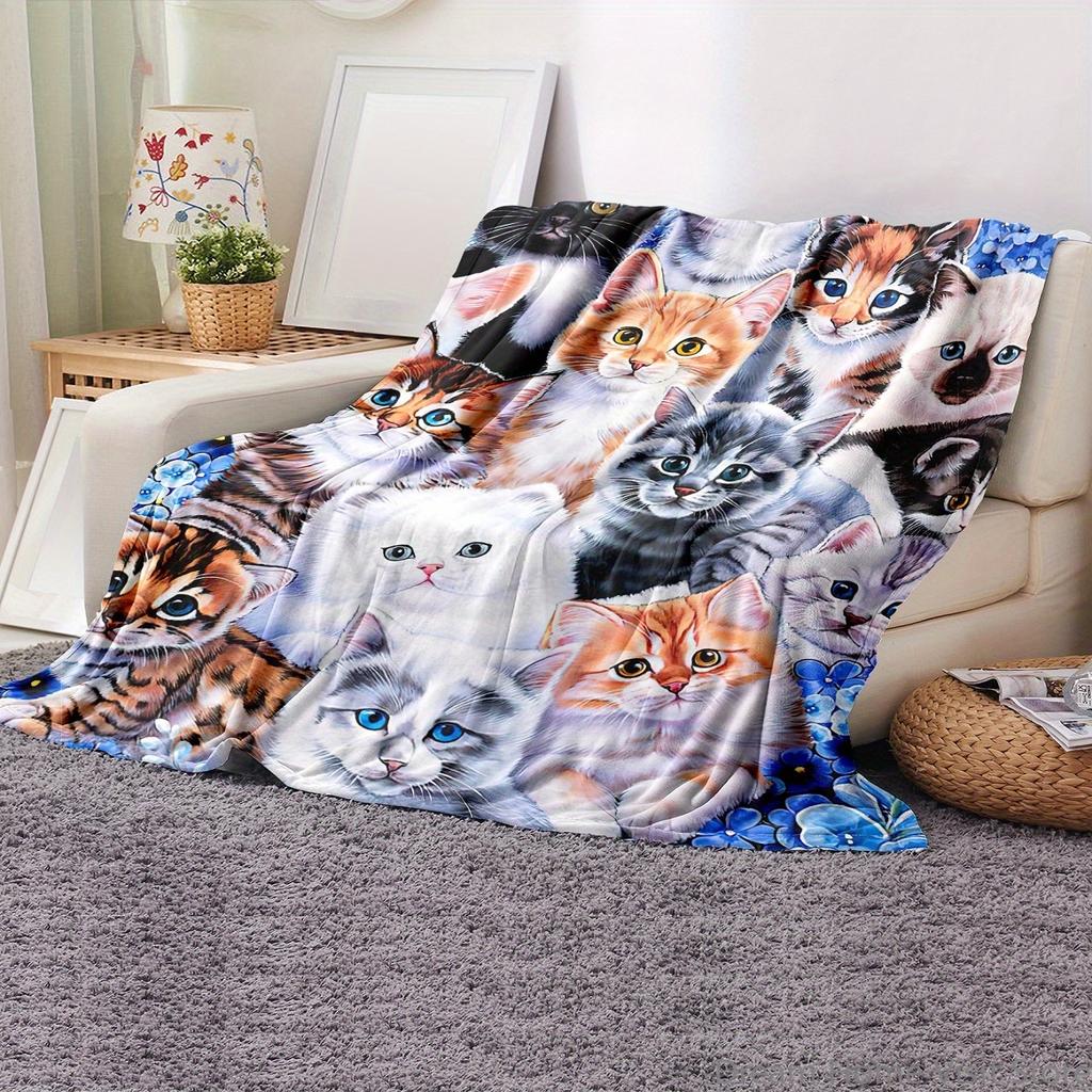 Cute Cat Print Blanket, Flannel Blanket, Soft Warm Throw Blanket Nap Blanket For Couch Sofa Office Bed Office Camping Travelling