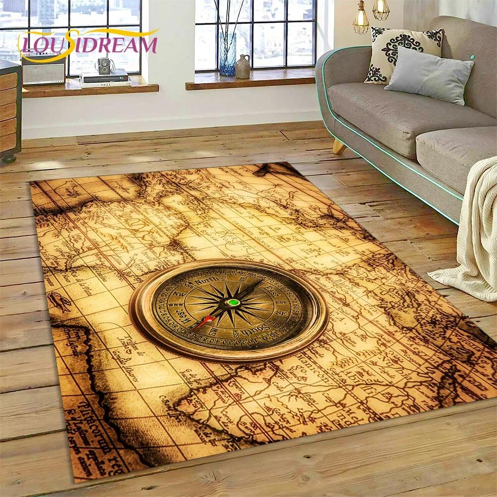 3D Oude Zeekaart Wereldkaart Kompas Tapijt Tapijt voor Slaapkamer Woonkamer Bank Decoratie, Kinderspel Grote Decoratieve Vloermat