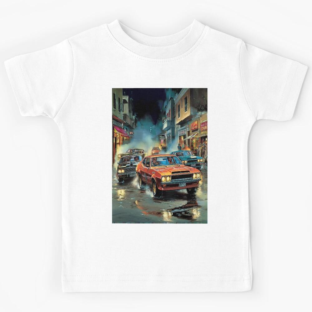 Vintage Car Chase in Rainy City Street Kids T-Shirt 170