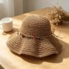 Women Hat Wide Brim Adjustable Strap Hollow Crochet Straw Hat Breathable Foldable Summer Outdoor Sun Hat