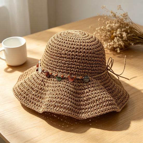 Women Hat Wide Brim Adjustable Strap Hollow Crochet Straw Hat Breathable Foldable Summer Outdoor Sun Hat