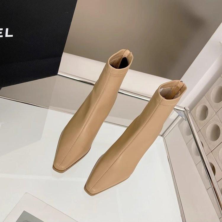 

High heel small square head thin boots 2024 autumn French new thick heel elastic boots simple temperament small short boots single boots 39