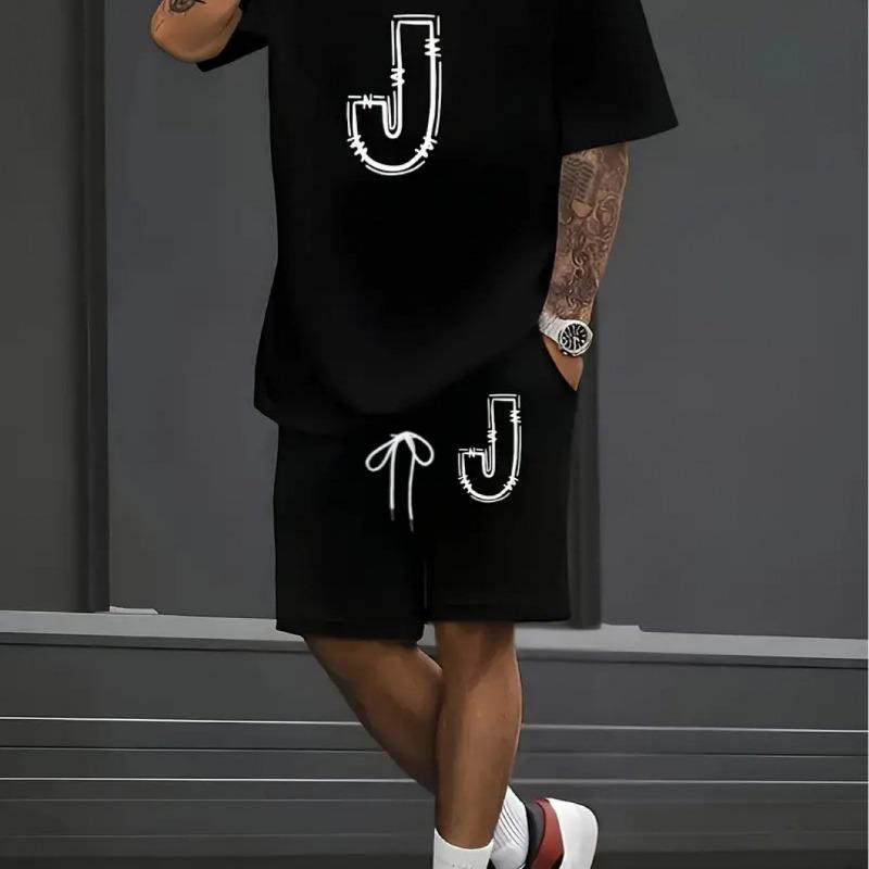 Men s Casual Letter J Print Set – Trendy Short Sleeves, Comfortable Summer Streetwear L