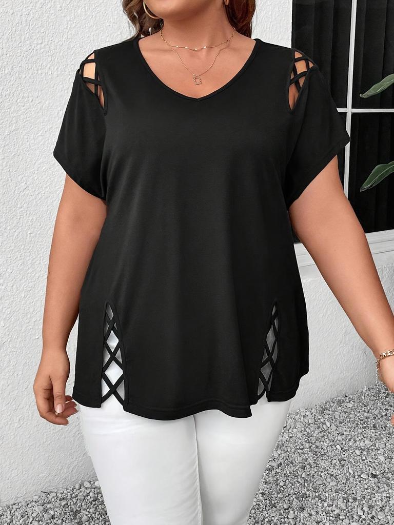 2026 Plus Size V-Neck Cross Strap Hollow Short Sleeve Women's T-shirt