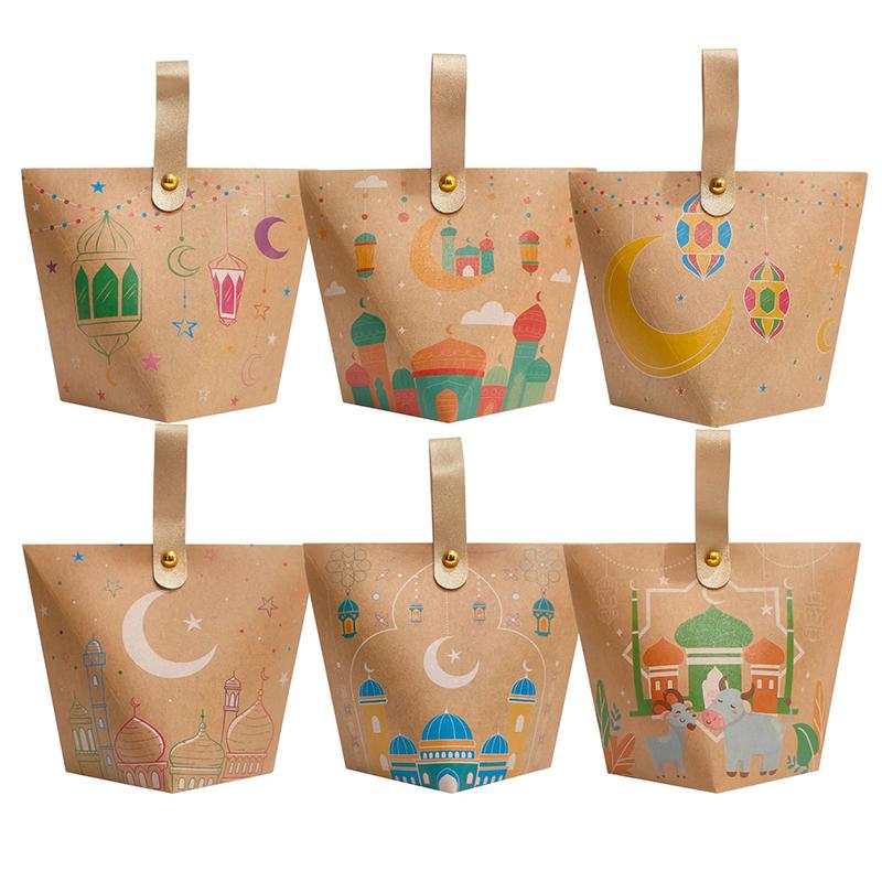 

6pcs 2025 Eid Kraft Paper Handbag Moon Star Eid Mubarak Candy Bags Muslim Ramadan Kareem Packaging Box Party Decor Supply