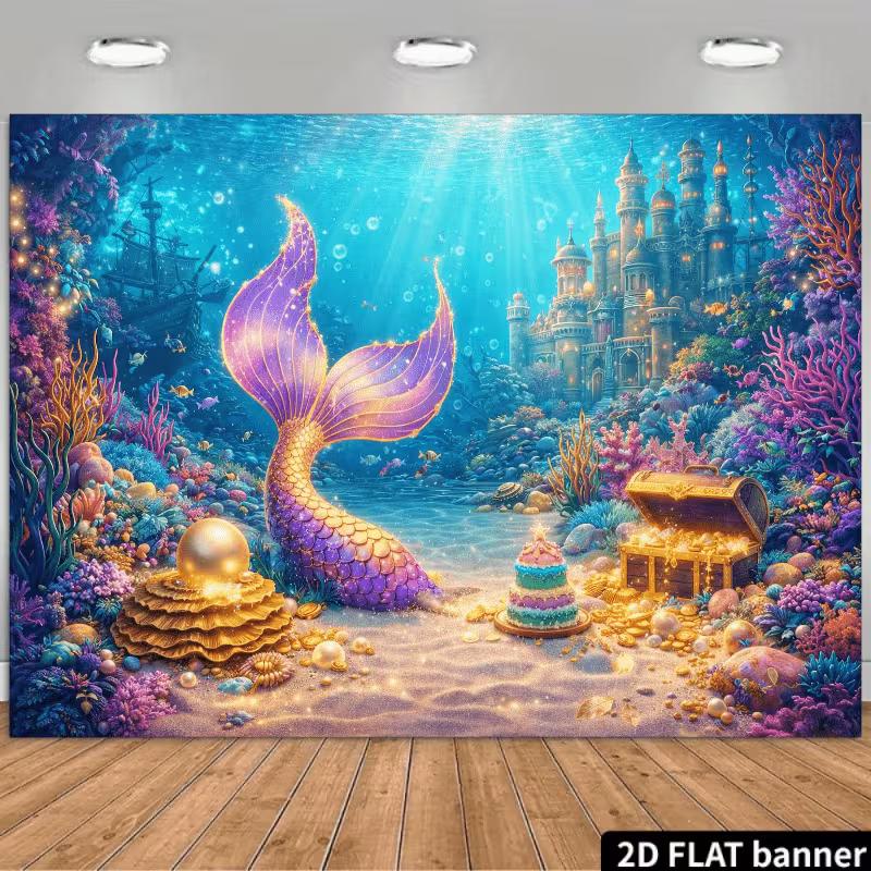 

Little Mermaid Birthday Backdrop | Underwater Castle Treasure Chest Photo Prop 47.2x31.5inch/120*80cm