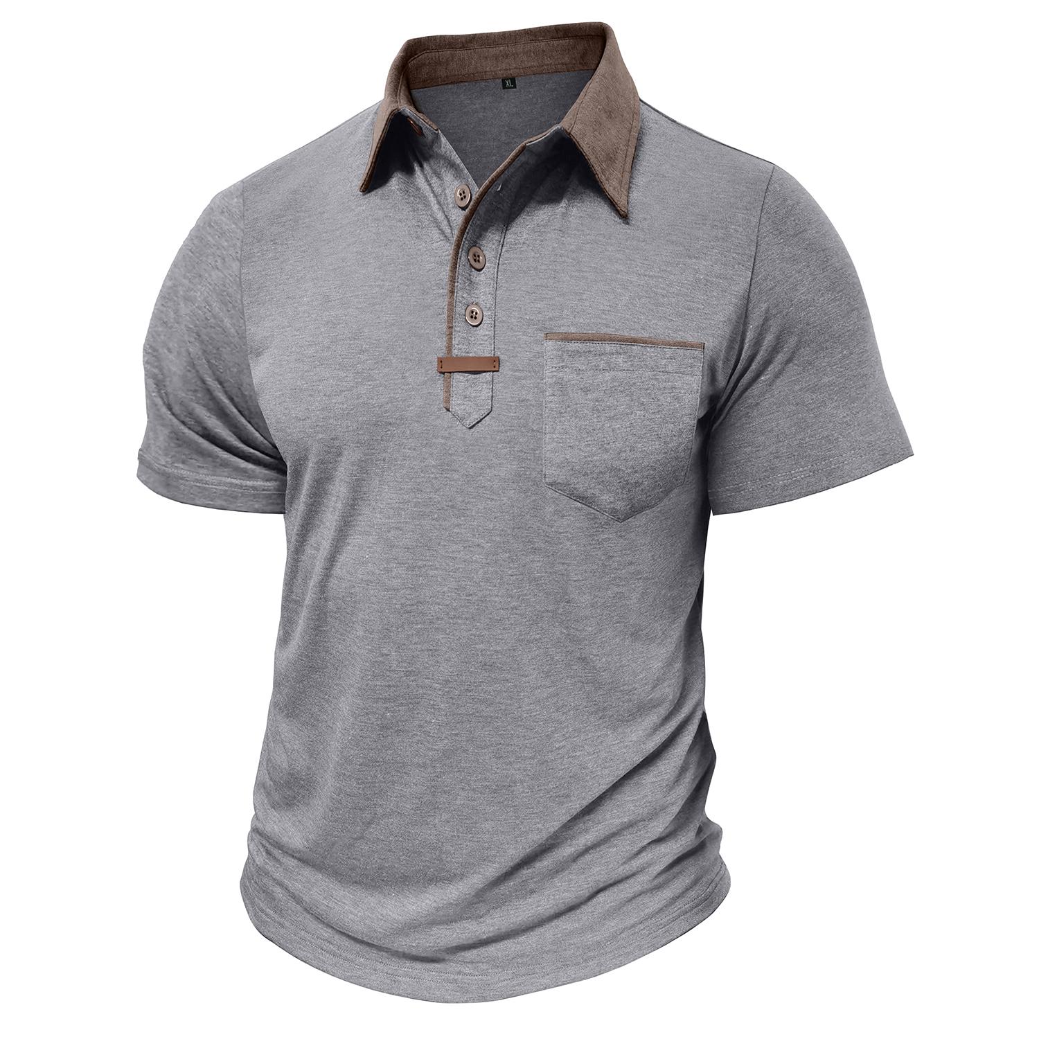 Bright Deer Heren T-shirts met korte mouwen Poloshirts met reverskraag en kleurblokkering Borstzak Zomertops Casual kleding 2XL lichtgrijze kleur