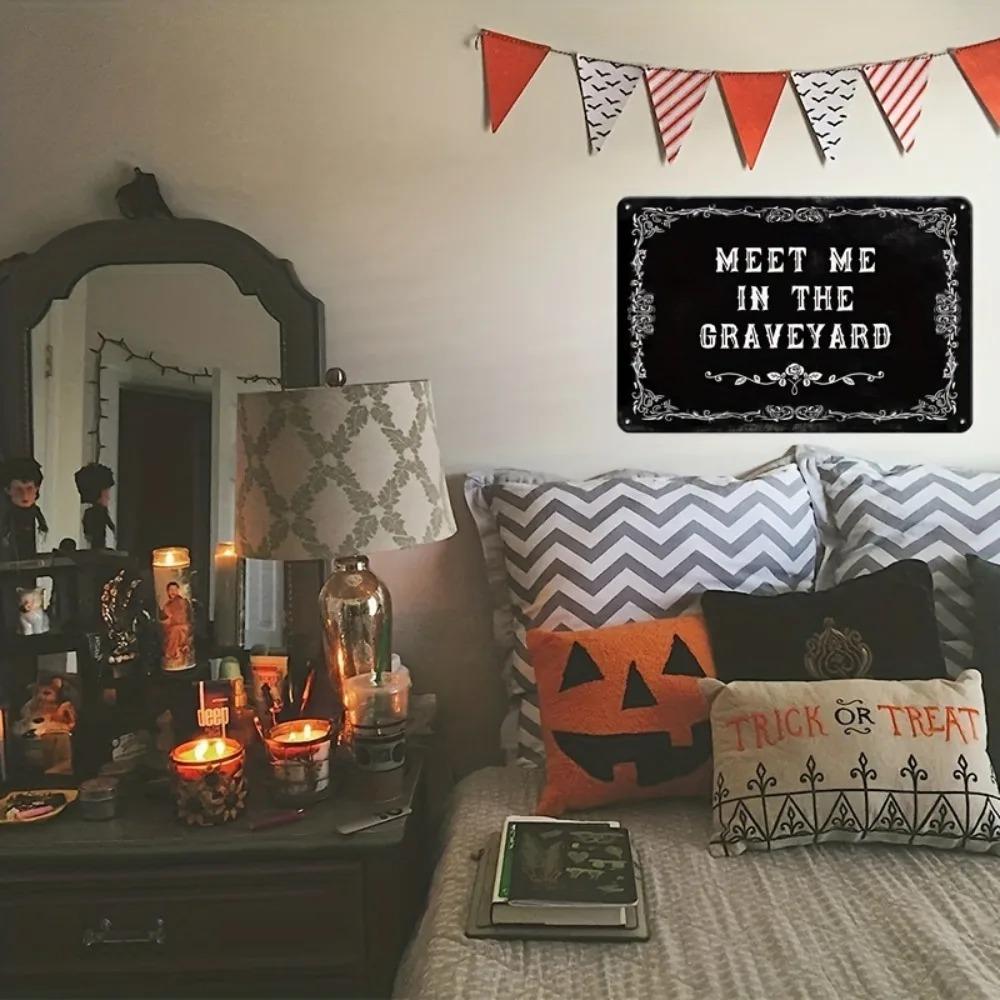 Gothic Cemetery Halloween Metal Wall Sign Vintage Waterproof Outdoor Wall Decor