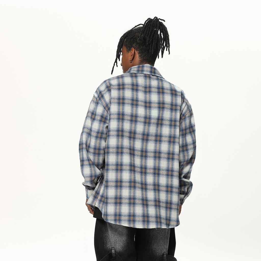 Pánská všestranná podzimní pouliční postava s potiskem písmen, kostkovaná košile s dlouhým rukávem, trendy kostkovaná košile se stojáčkem