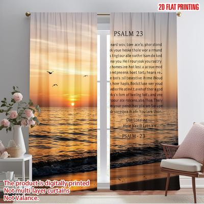 2 Stück 2D Flachdruck Fenstervorhänge Inspirierender Psalm 23 Strand Leinwand 100% Polyester Stoff Ohne Strom Saisonal Party