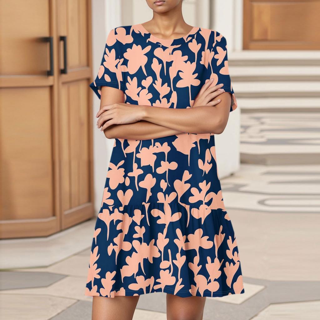 Damska Moda Casual Sukienka z Okrągłym Dekoltem i Krótkim Rękawem z Nadrukiem Liści i Kwiatów