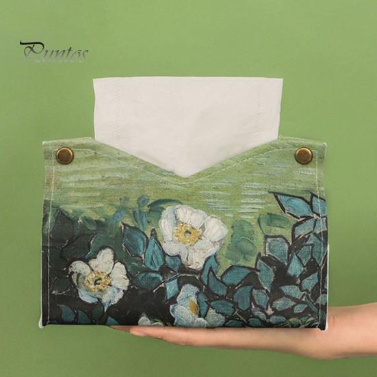Space Saving Paper Holder PU Leather Tissue Box Cover with Wild Rose/Sunflower Pattern, Foldable Desktop Organizer, Napkin Case, Facial Organizer
