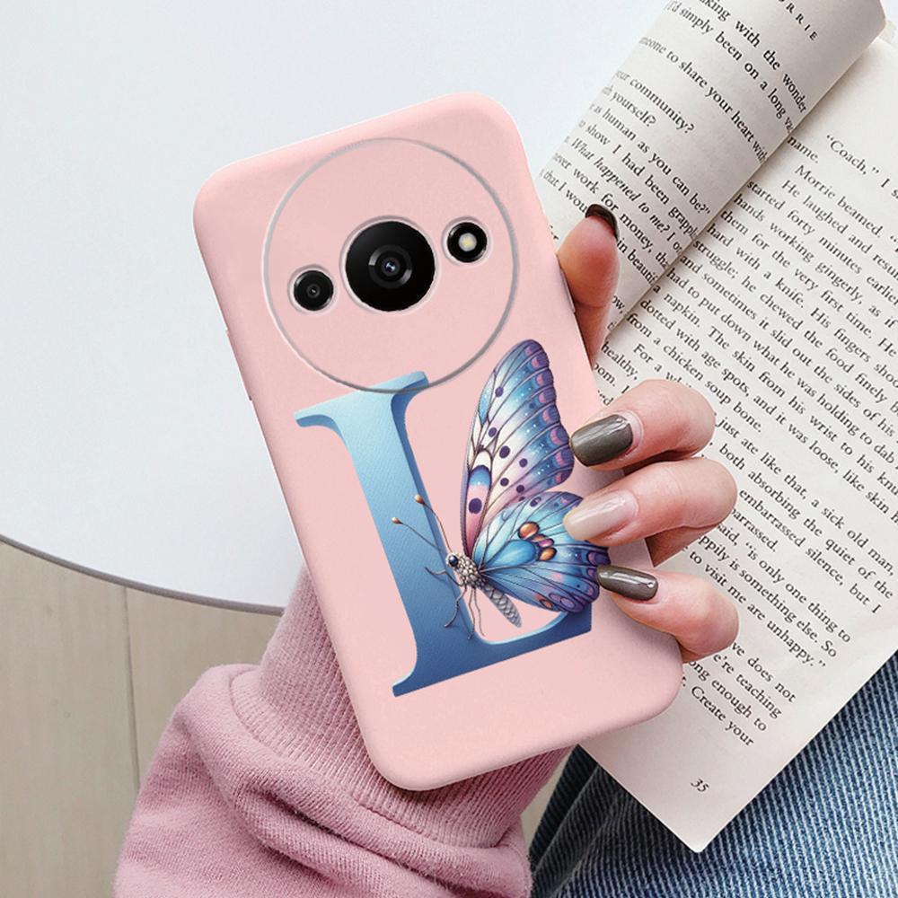 Handyhülle für Xiaomi Redmi A3 4G A3x Rosa Buchstabe Blume Schmetterling Stoßfest Weiches Silikon Cover Kameraschutz TPU Fundas
