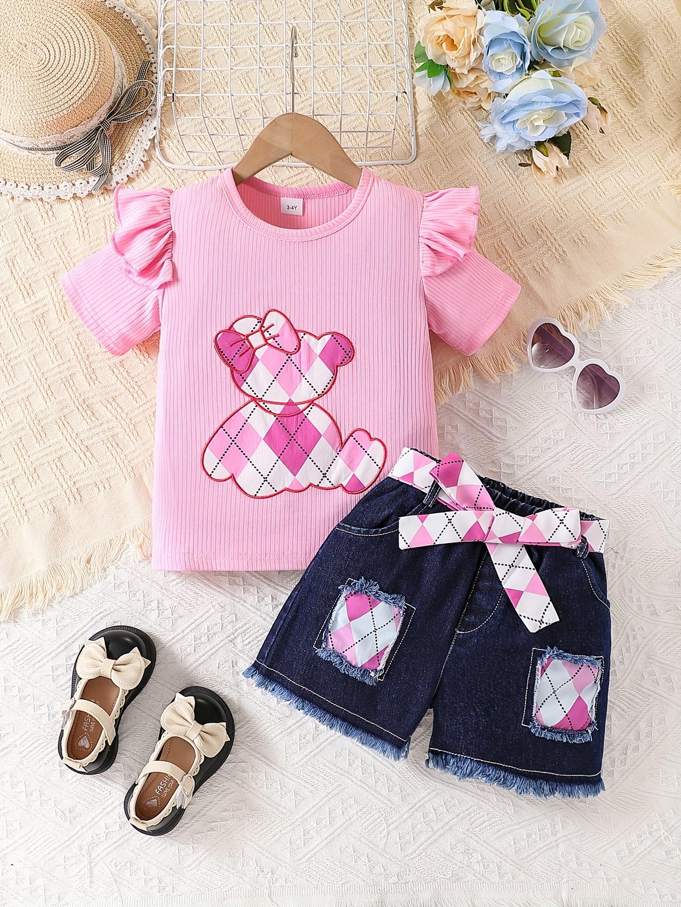 Girls Denim Outfit Summer Floral Lace Short Sleeve Top with Bear Patch Embroidered Distressed Denim Shorts Casual Two Piece Set 2-3Y