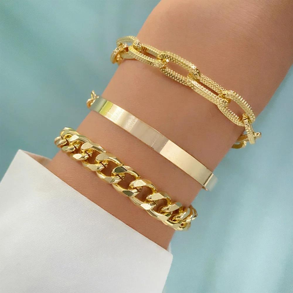 Punk Golden Metal Thick Chain Bracelets for Women Men Pentagram Heart Beads Pendant Charm Bracelet Set Fashion Jewelry
