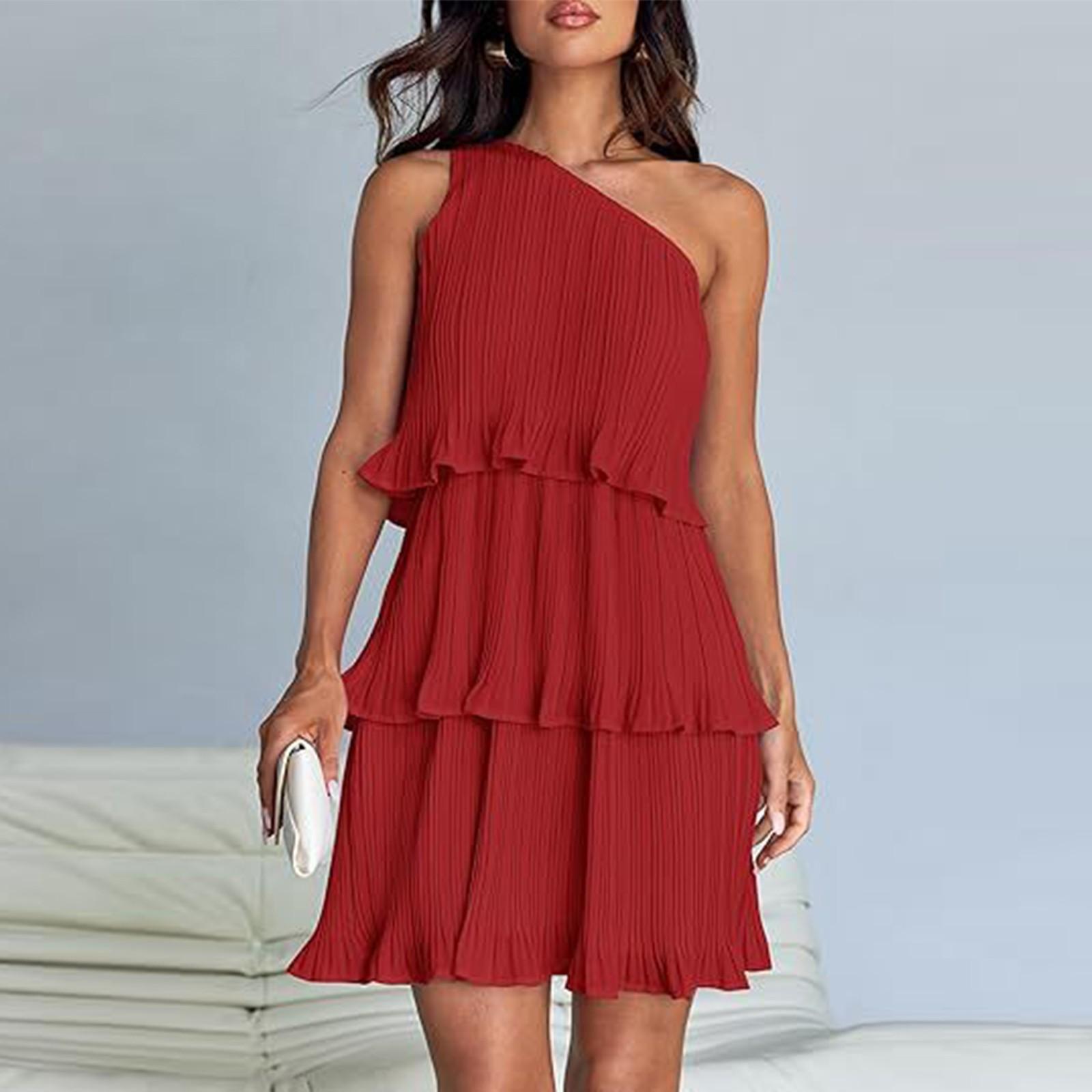 

Женское летнее платье без рукавов 2024, бохо на одно плечо с рюшами, многослойные шифоновые струящиеся платья трапециевидной формы L красный