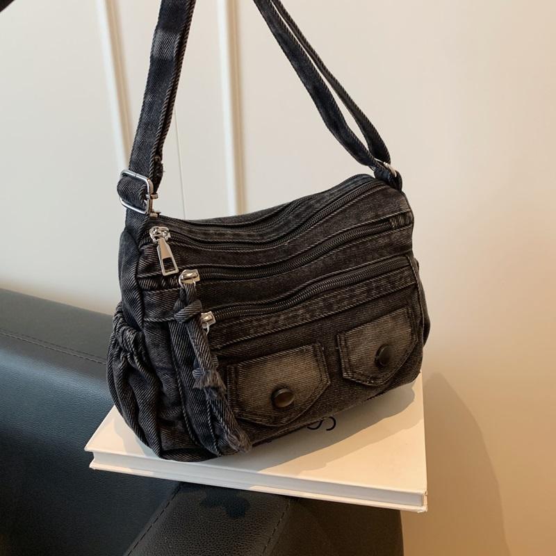 Washed Denim Crossbody Bag with Dual Flap Front Pockets Casual Shoulder Purse for Women Daily Travel