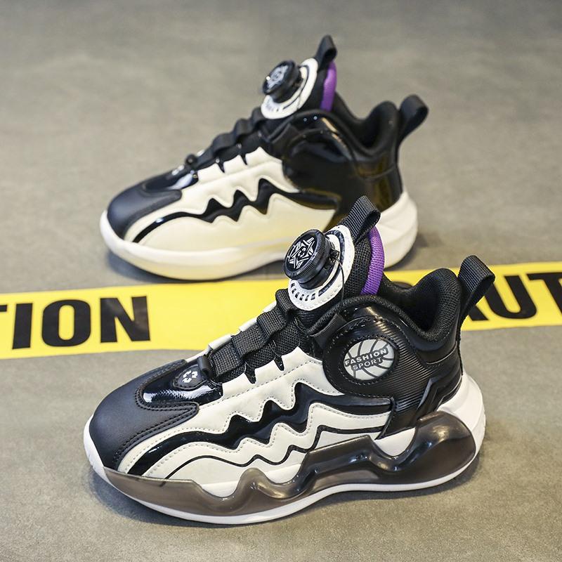 Middle and older children's shoes basketball shoes running shoes sports shoes rotating buckle light bottom autumn and winter waterproof leather sur