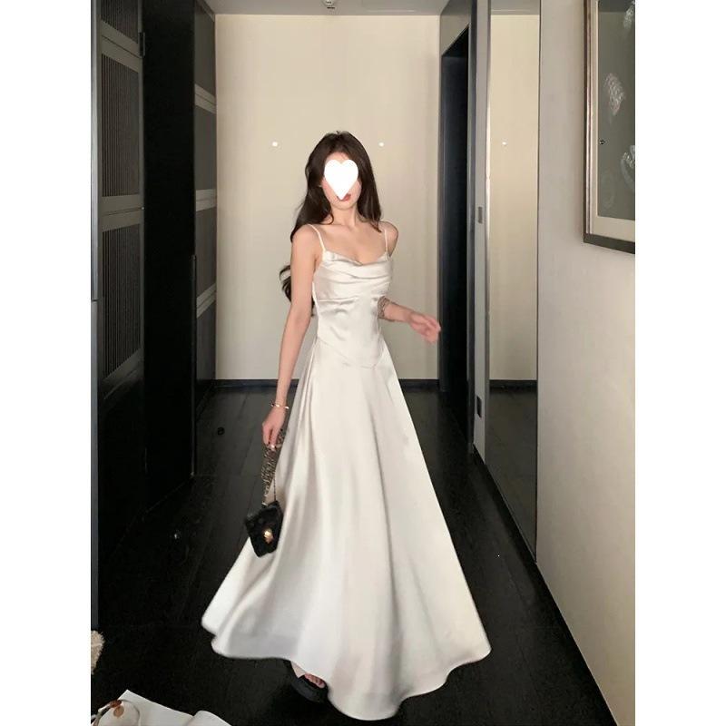 Spot pleated suspender dress women's spring summer pure desire wind waist thin word sleeveless long dress French dress