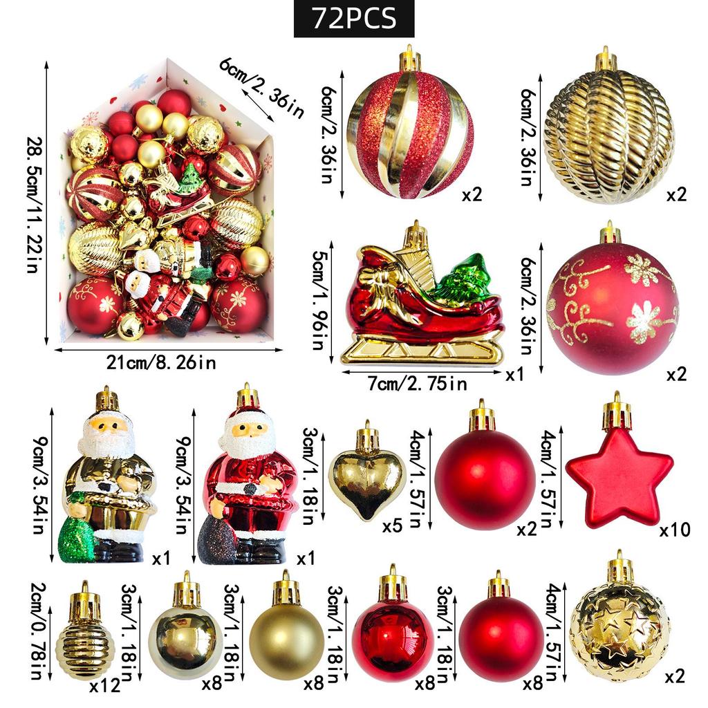 72-Piece Christmas Tree Decorations Set: Houses, Gift Boxes, Snowmen, Sleigh, and Painted Plastic Ornaments