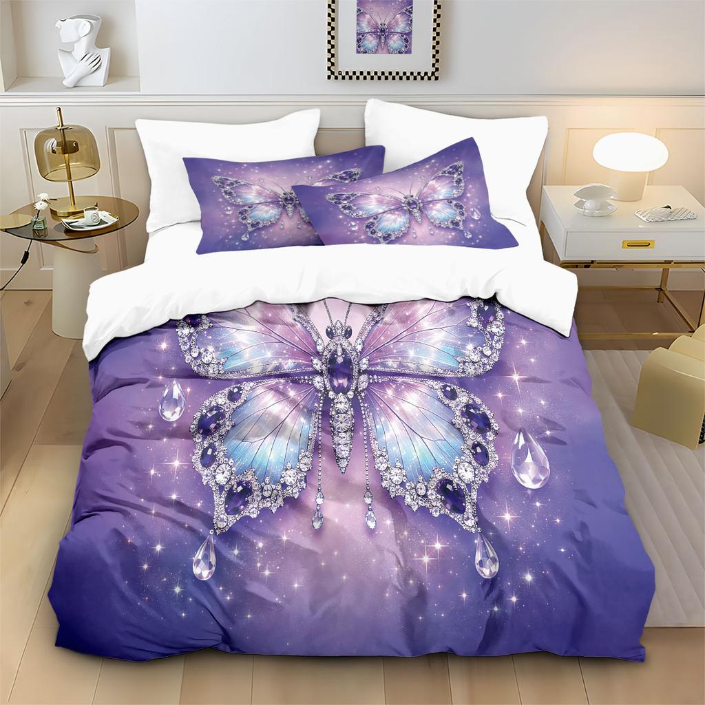 3pcs Purple Butterfly Printed Coreless Duvet Cover Set, Multi Size Bedroom Bedding Decoration, Machine Washable