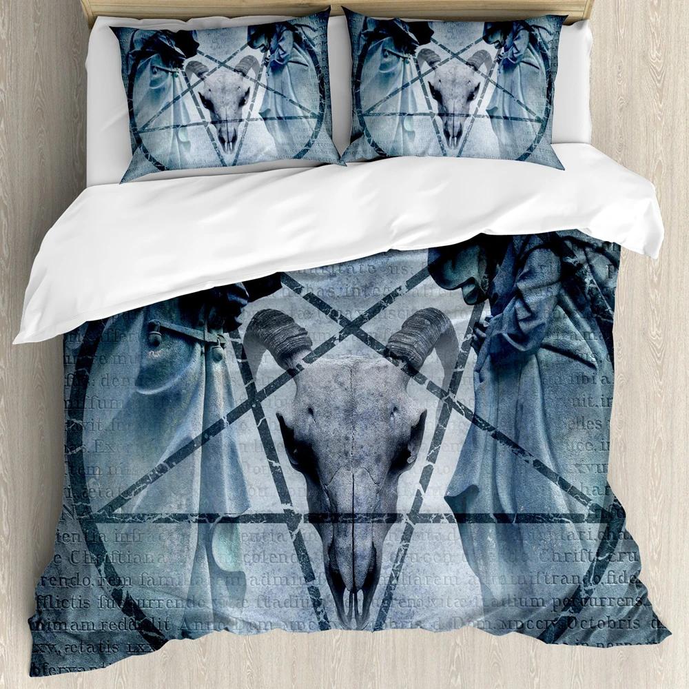 Horror House Duvet Cover Set Art Pentagram Goat Skull Devil Dream Hooded Exorcist Image Decorative Bedding SetKing Size Blue