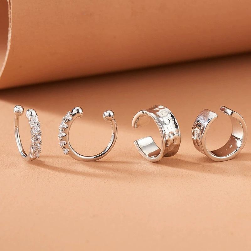 2Pcs/Set Fashion Silver Color Crystal Clip Earrings for Women Girls Minimalist Metal C-Shaped Fake Piercing Ear Cuff Ear Jewelry