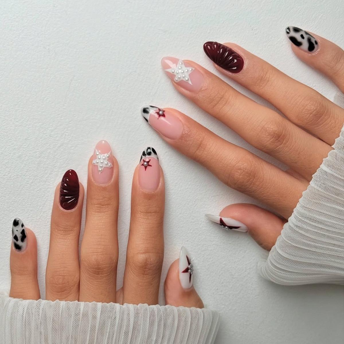 Almond-shaped French star gold-plated press-on nails, 24 pieces Red RY-01-79Jelly Gel+Rub