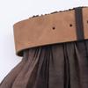 European & American Style Women's Suede Effect Pleated Midi Skirt with Belt - High Waist Skirt, 2025 Collection