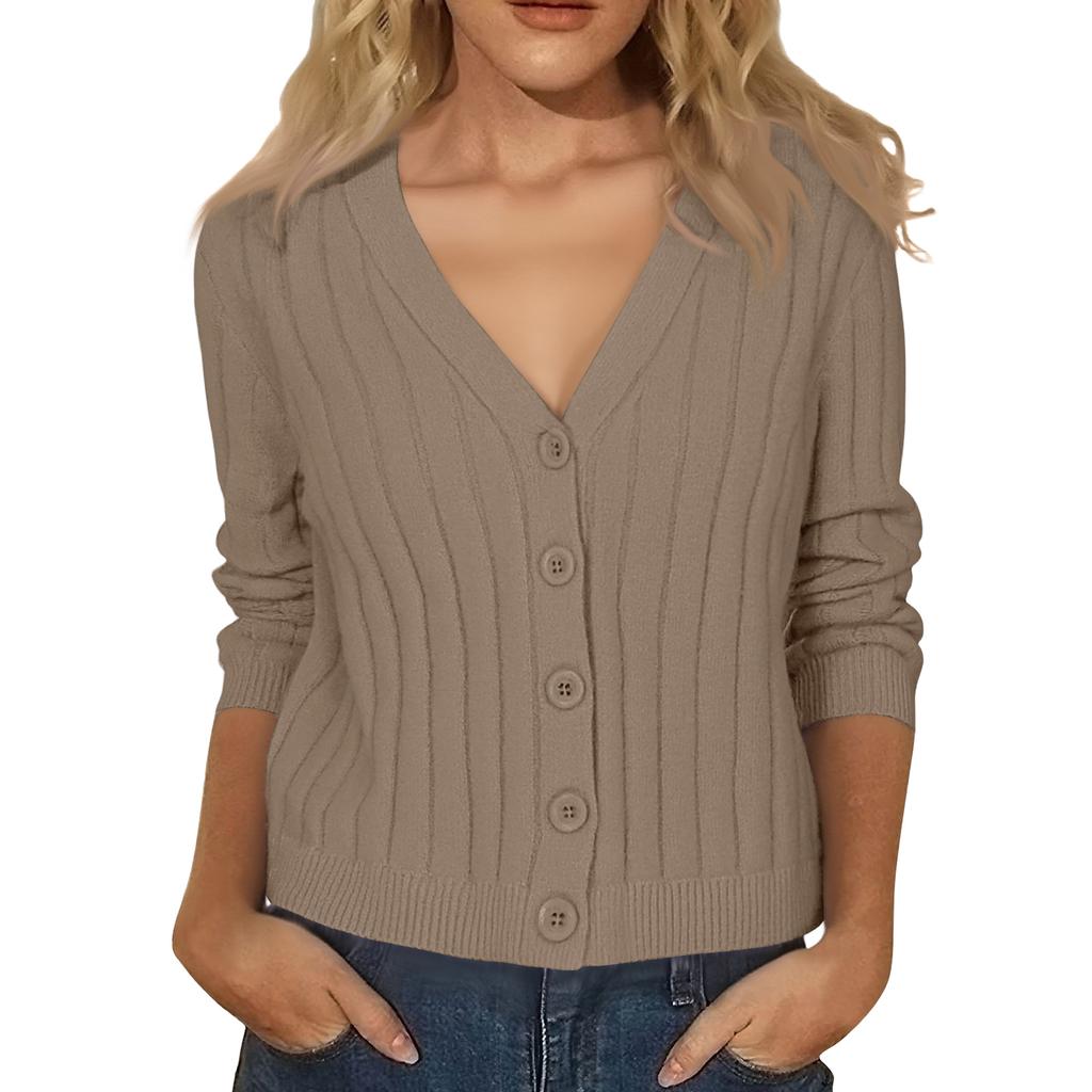 Women's Fashion Long-Sleeve V-Neck Lightweight Knit Sweater Solid Color Outerwear Top