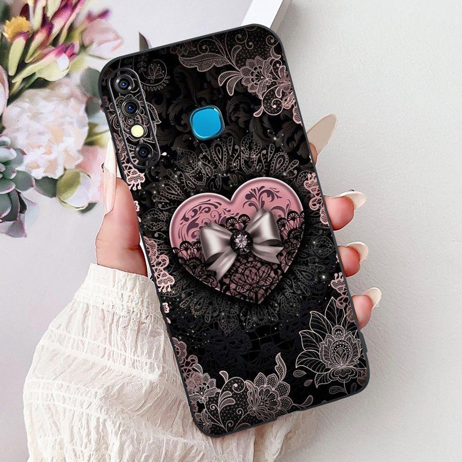 For Infinix Hot 8 Phone Case Hot 8 Lite Hot8 X650 X650C X650B X650D Elegant Floral Cat Pattern Black Silicone Soft TPU Cases